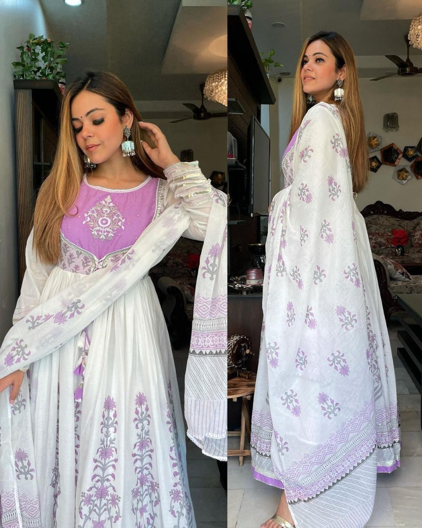 White georgette printed designer anarkali suit