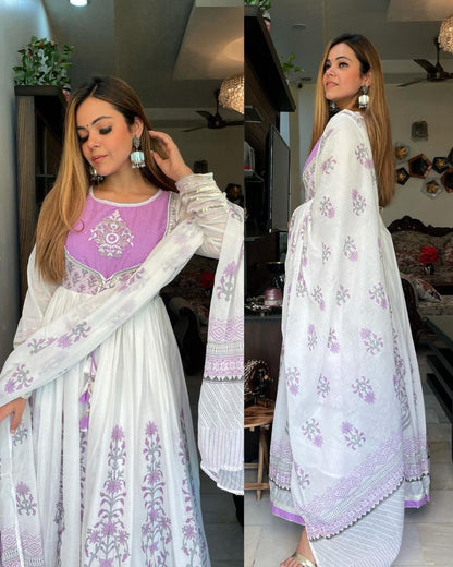 White georgette printed designer anarkali suit