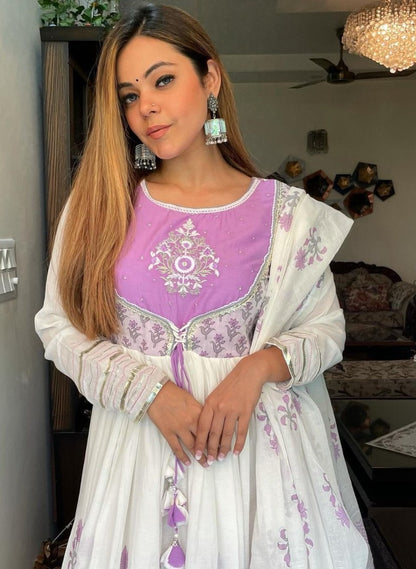 White georgette printed designer anarkali suit