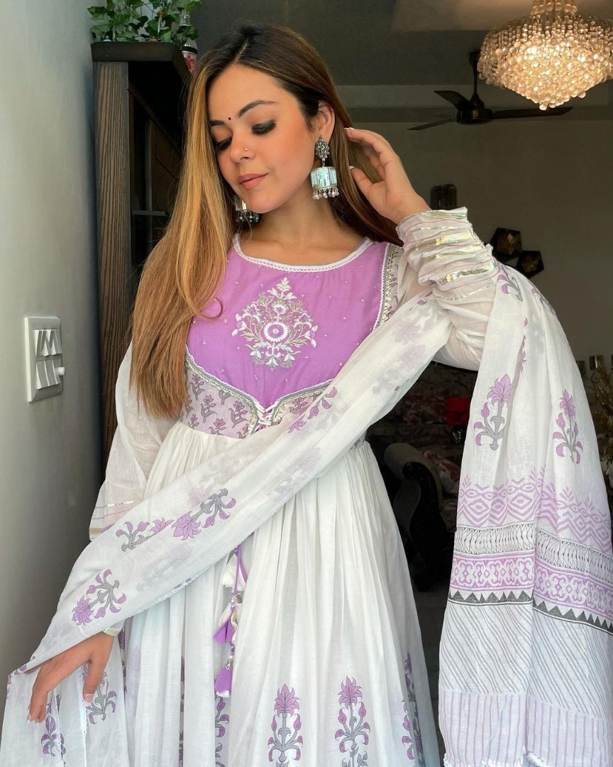 White georgette printed designer anarkali suit