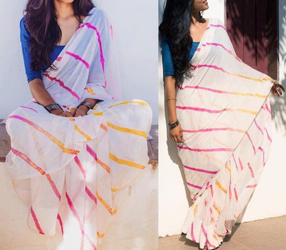 white georgette printed festival wear saree