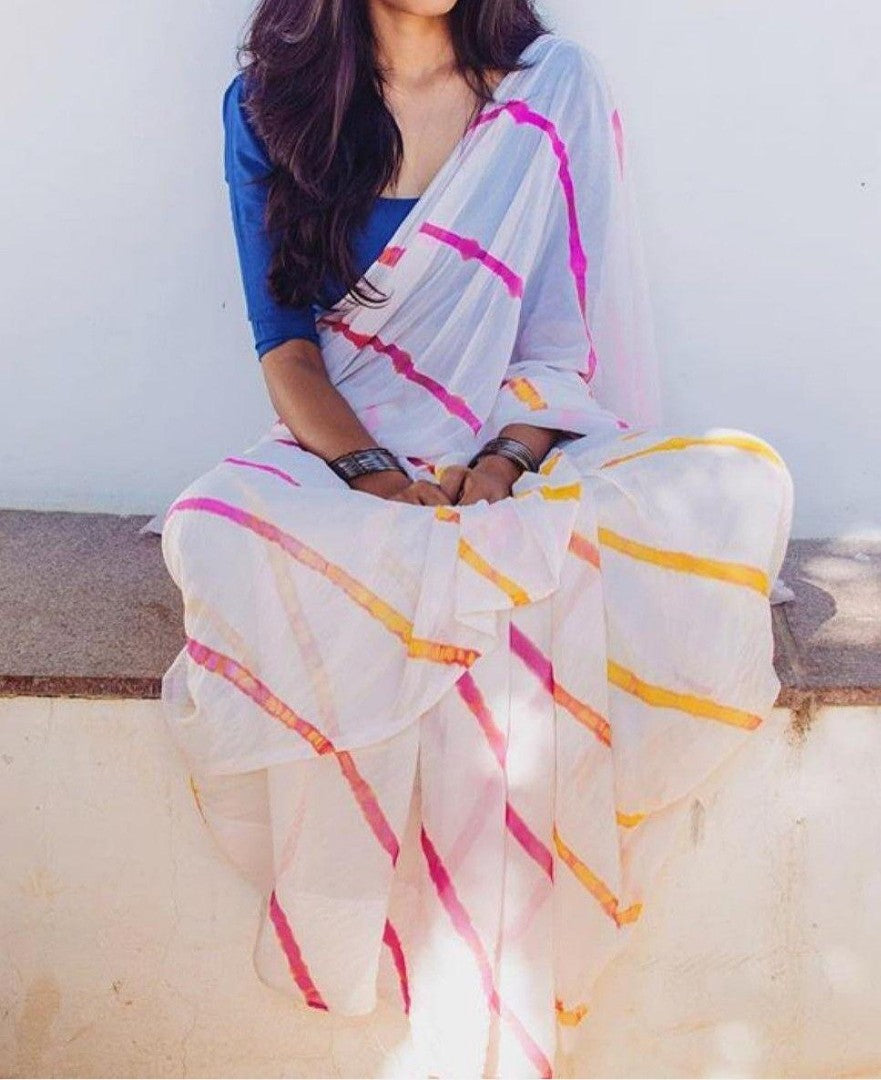 white georgette printed festival wear saree