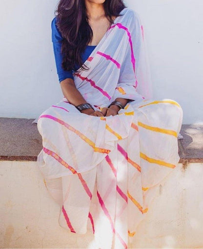 white georgette printed festival wear saree