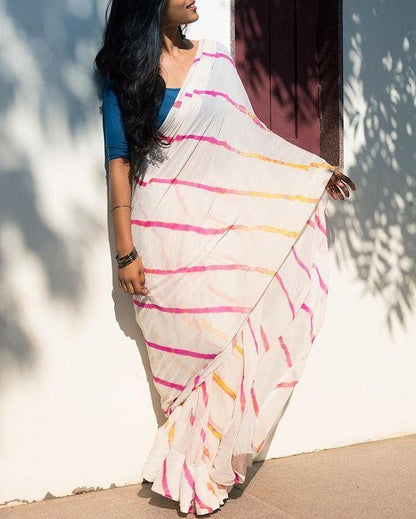 white georgette printed festival wear saree