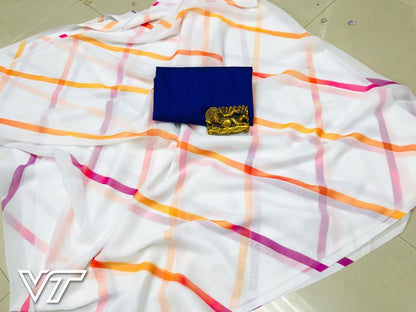 white georgette printed festival wear saree