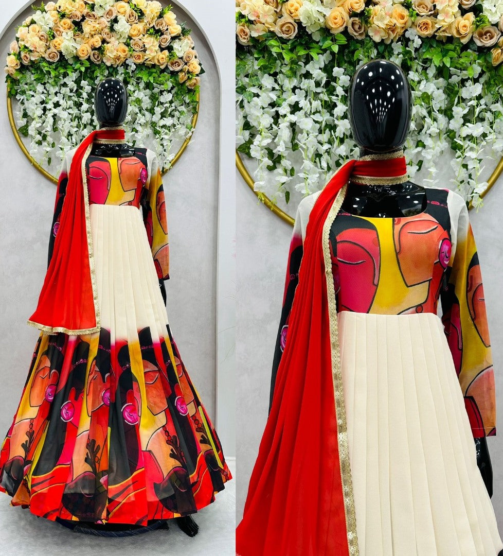 White georgette printed gown