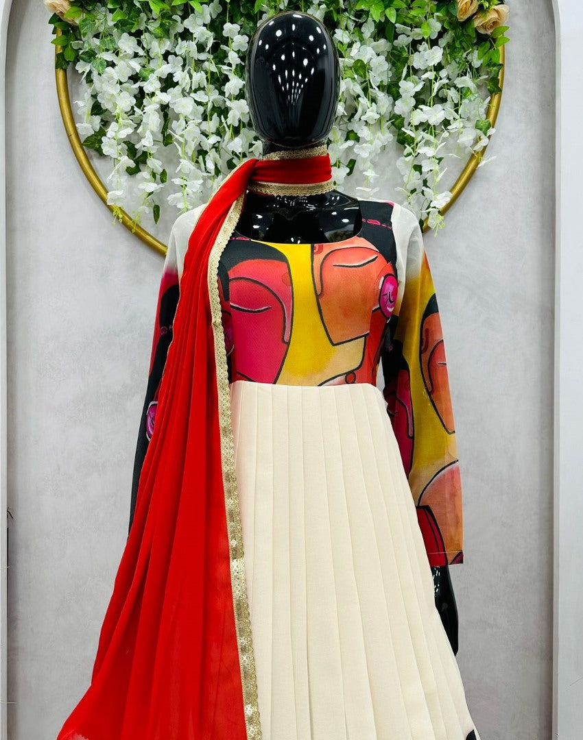 White georgette printed gown