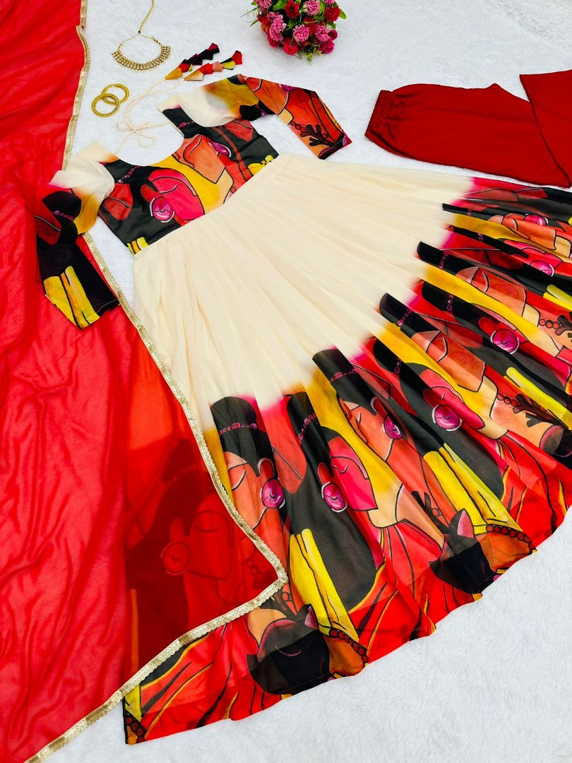 White georgette printed gown