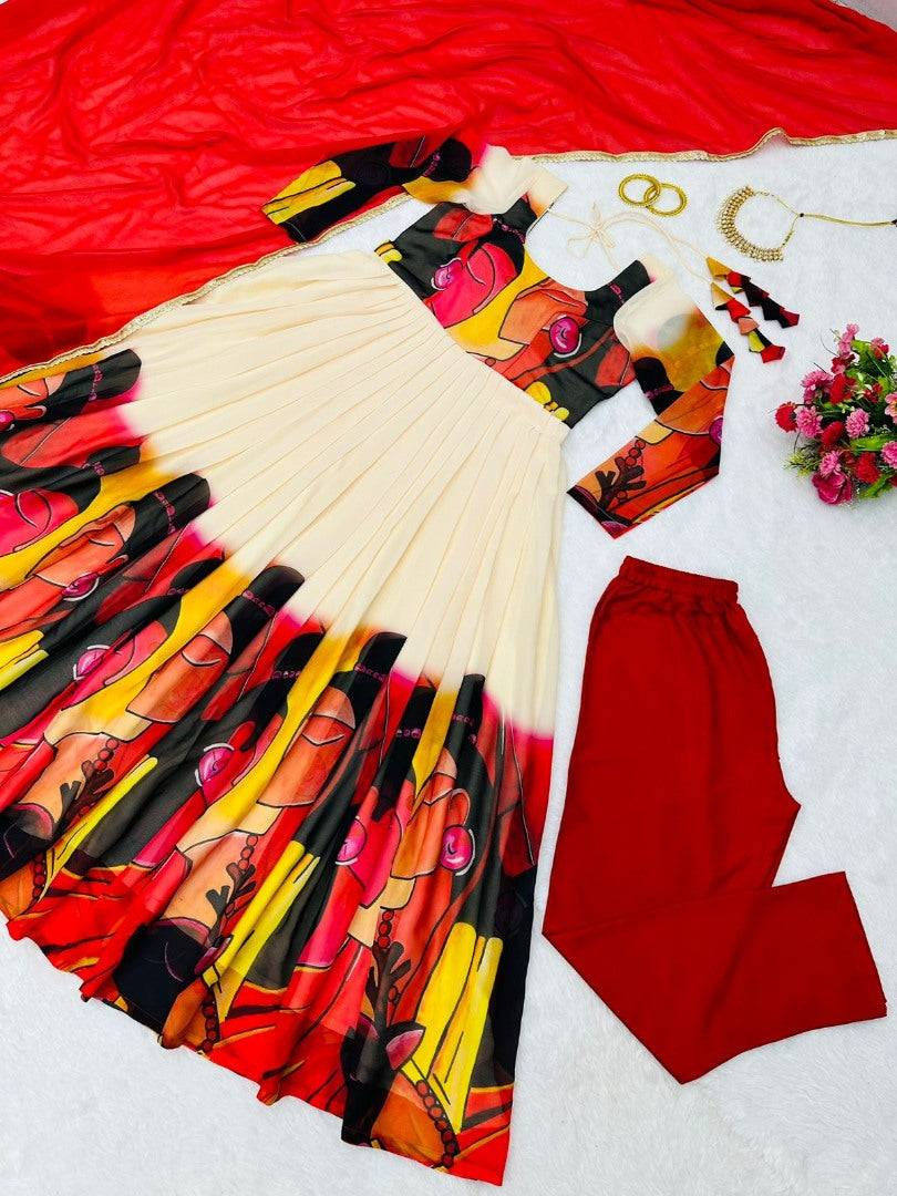 White georgette printed gown