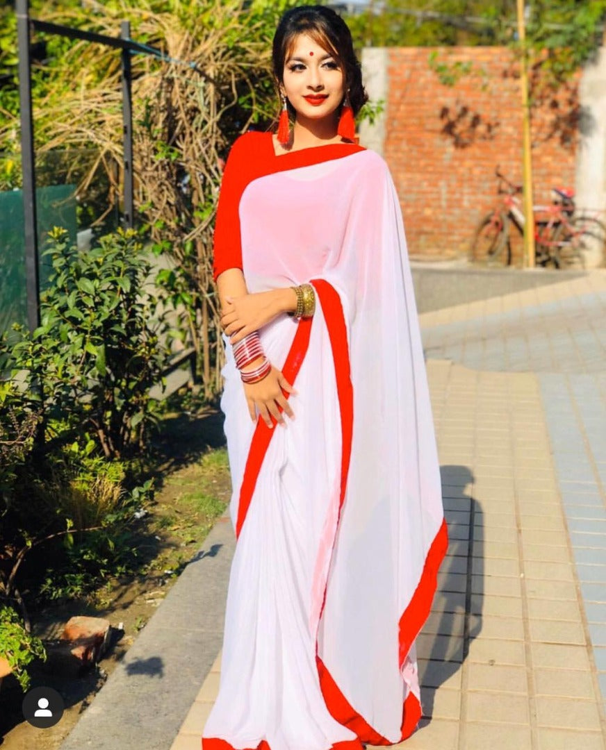 White georgette red border plain saree