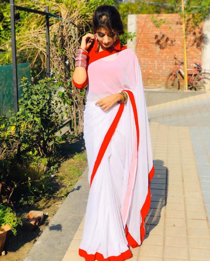 White georgette red border plain saree
