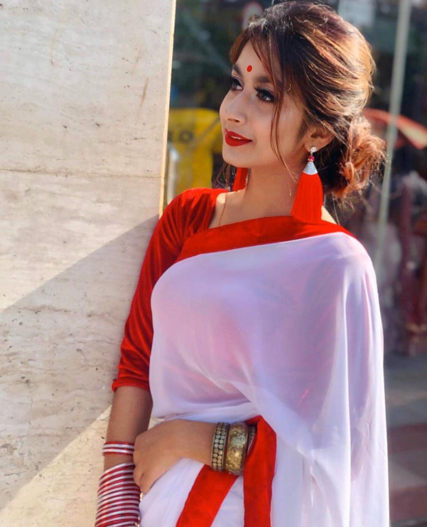 White georgette red border plain saree