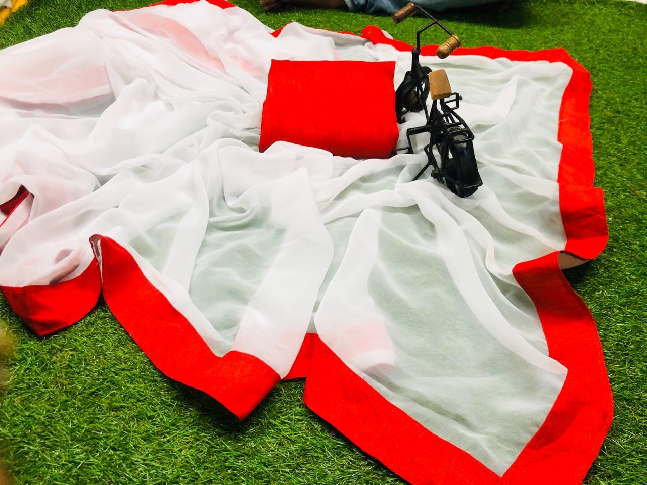 White georgette red border plain saree
