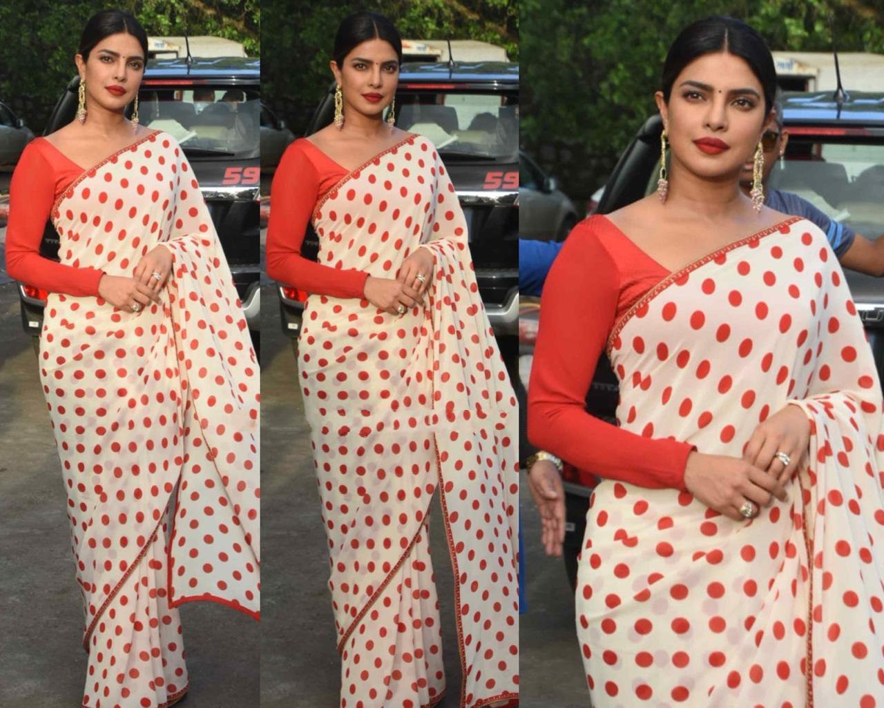 White georgette red dot printed casual wear saree