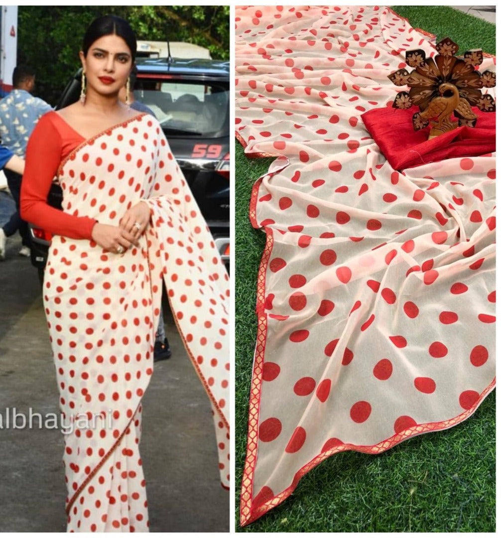 White georgette red dot printed casual wear saree