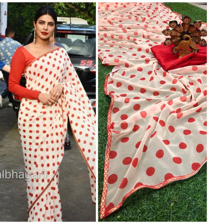 White georgette red dot printed casual wear saree