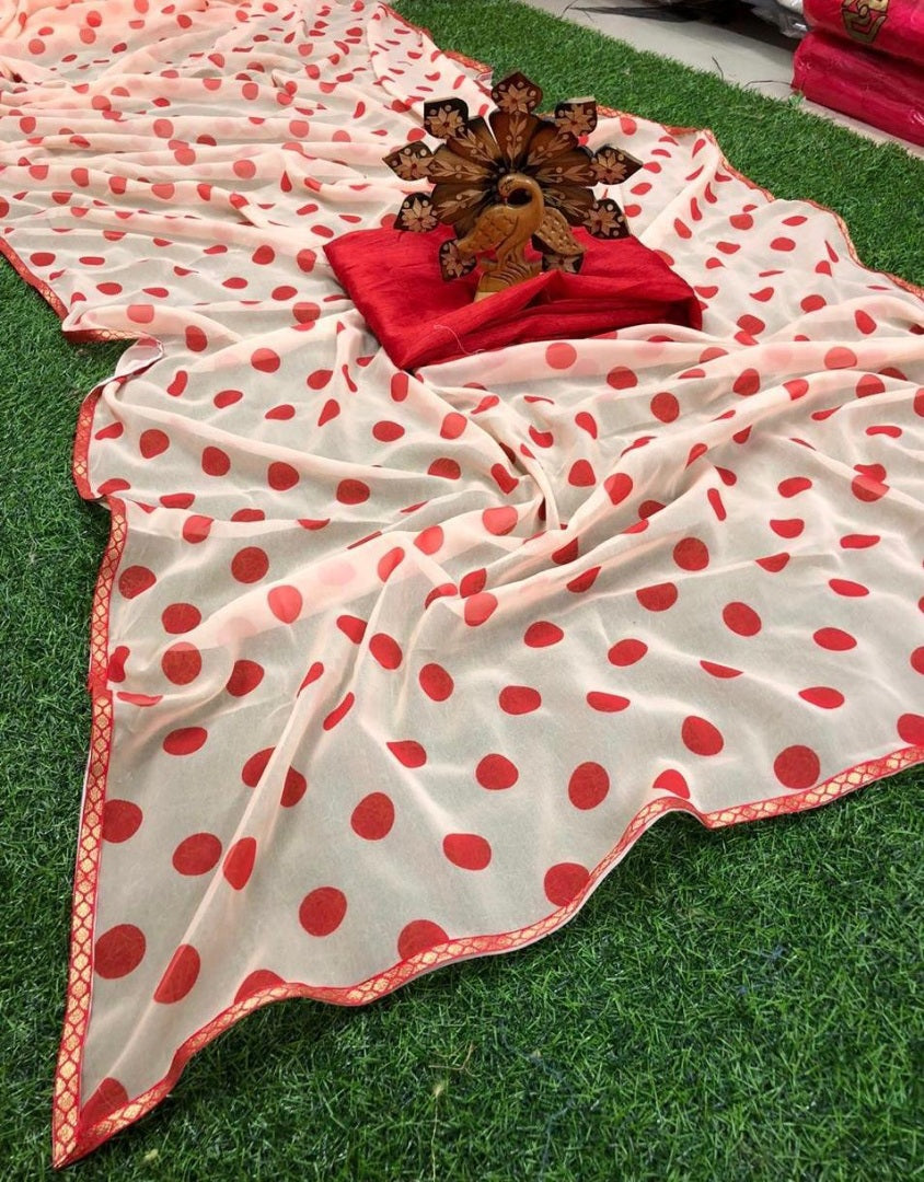 White georgette red dot printed casual wear saree