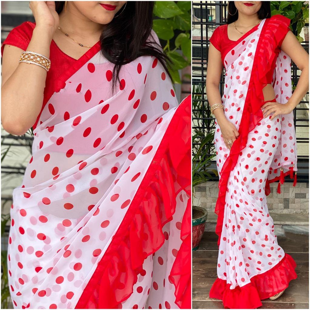 White georgette red dot printed ruffle border saree