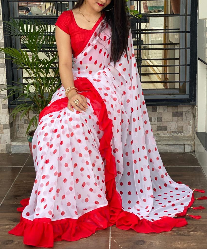 White georgette red dot printed ruffle border saree
