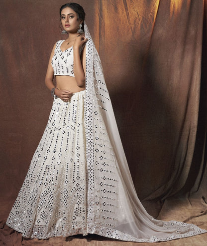White georgette resham mirror work ceremonial lehenga choli