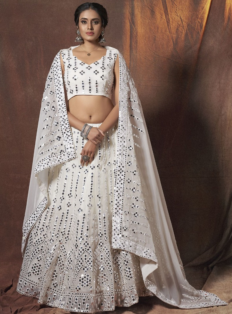 White georgette resham mirror work ceremonial lehenga choli