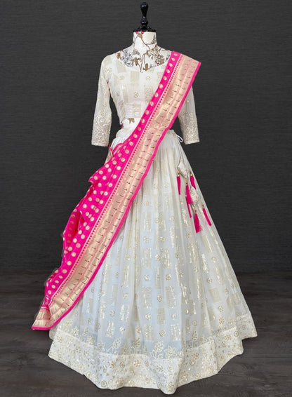 White georgette sequence and thread embroidered wedding lehenga choli