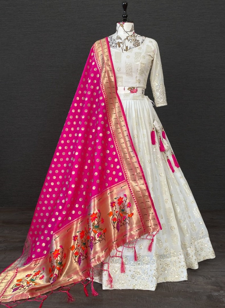 White georgette sequence and thread embroidered wedding lehenga choli