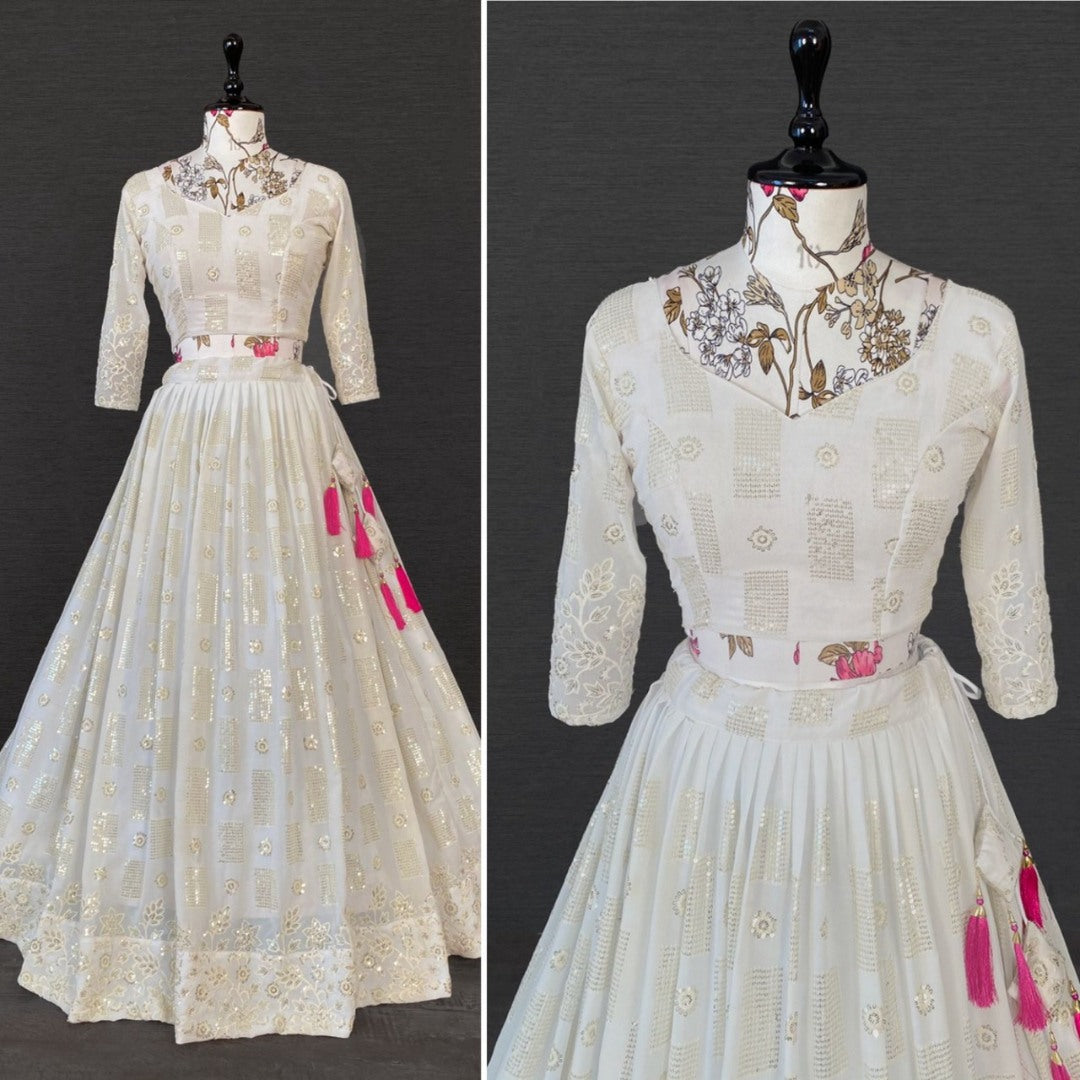 White georgette sequence and thread embroidered wedding lehenga choli