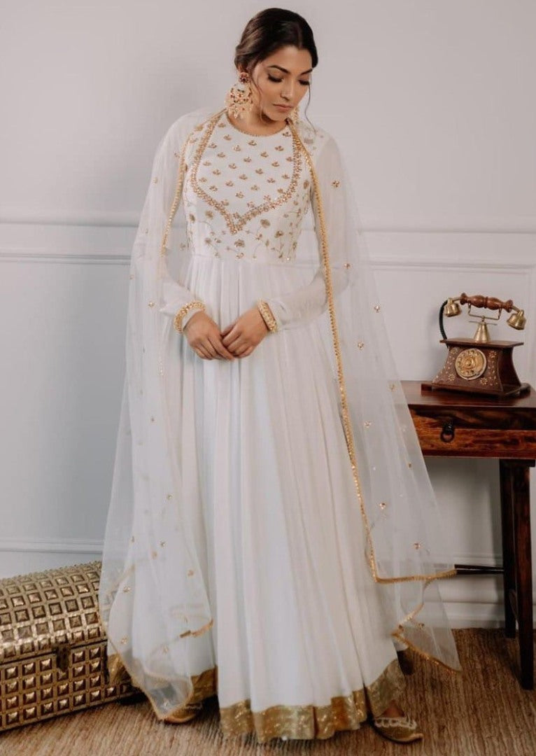 White georgette sequence embroidered long anarkali suit