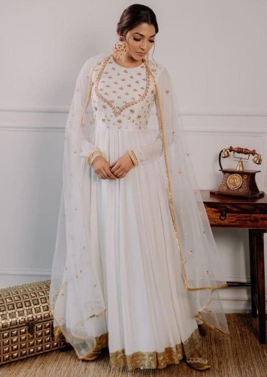 White georgette sequence embroidered long anarkali suit