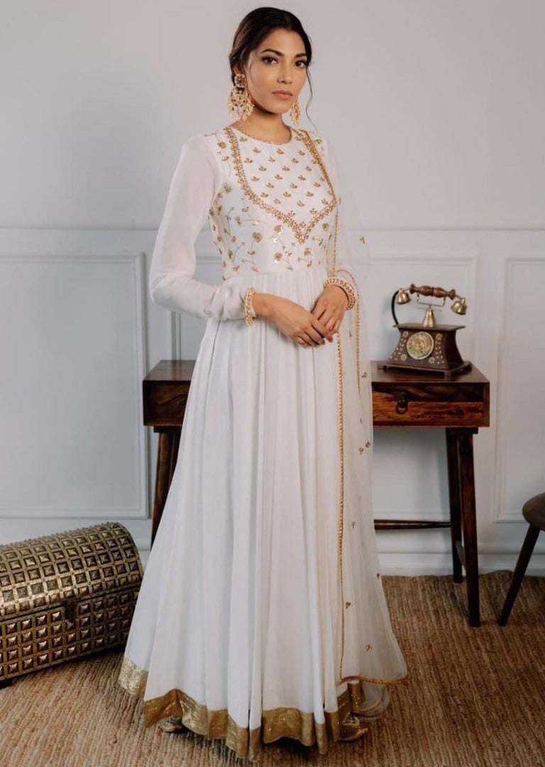White georgette sequence embroidered long anarkali suit