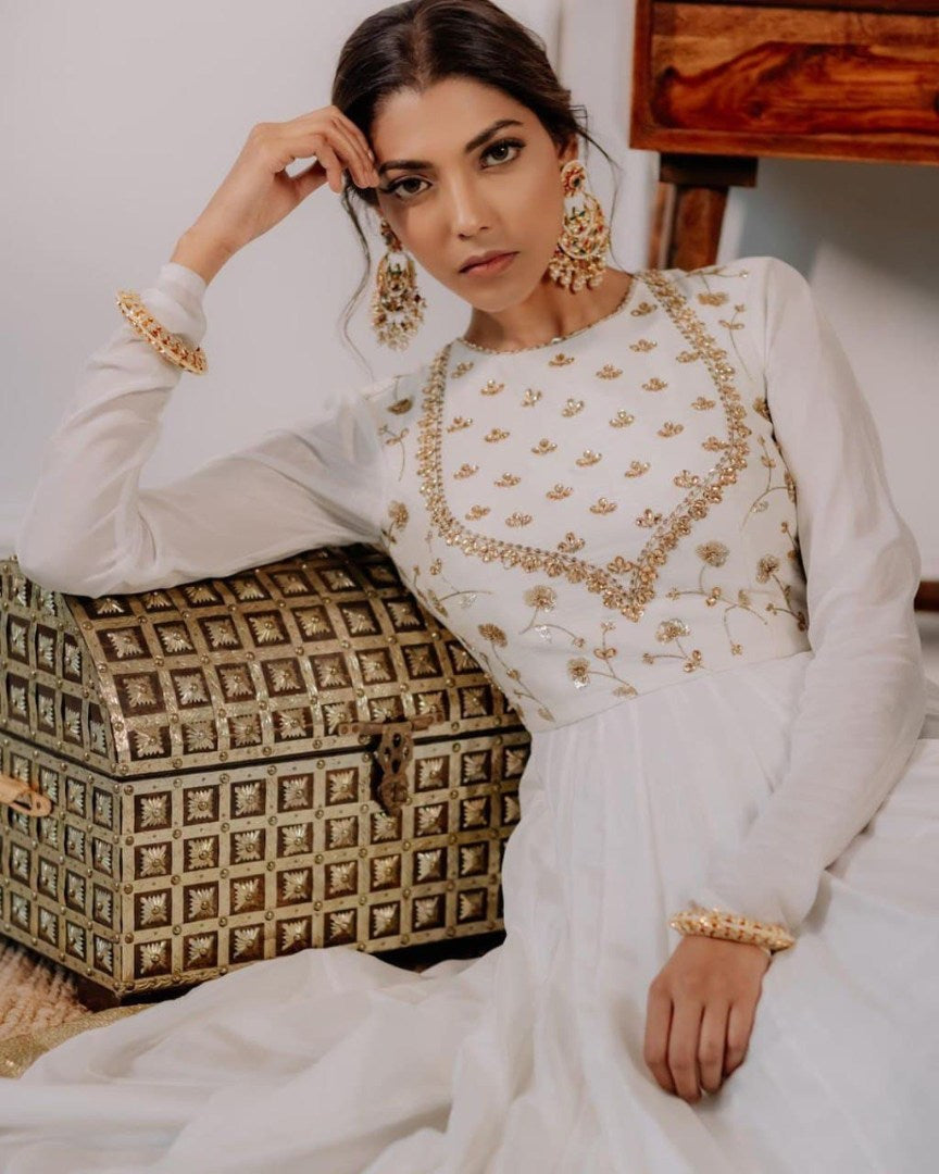 White georgette sequence embroidered long anarkali suit