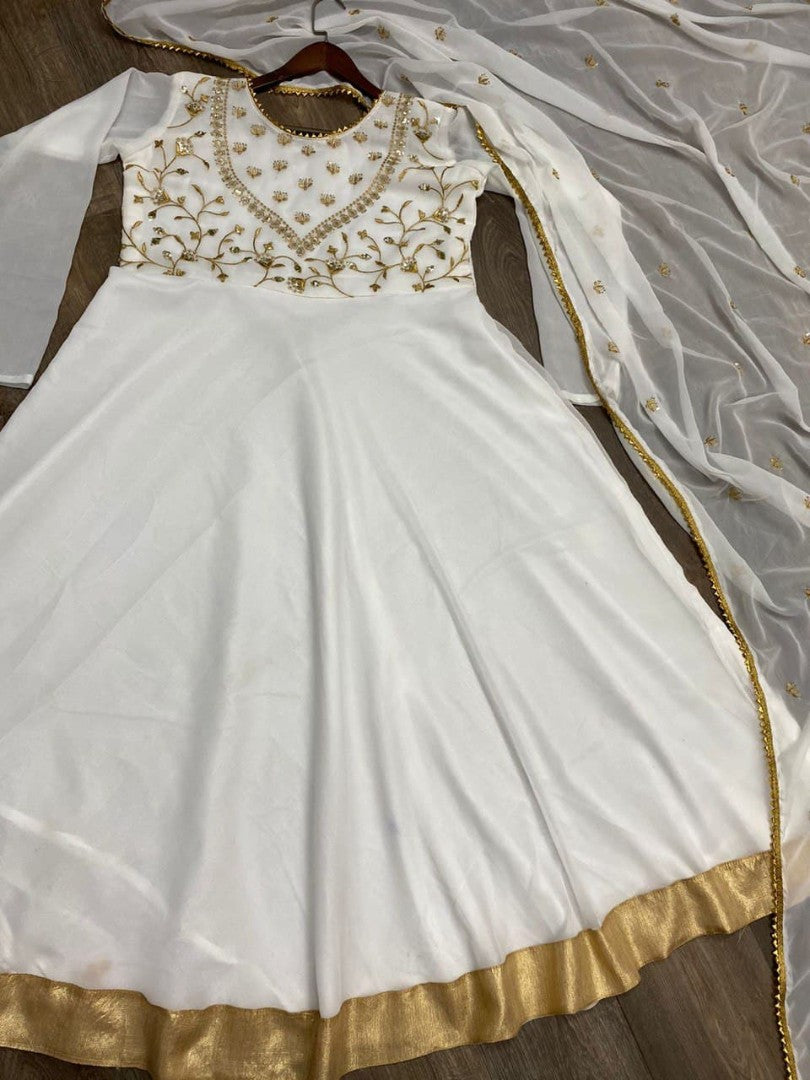 White georgette sequence embroidered long anarkali suit