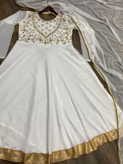 White georgette sequence embroidered long anarkali suit