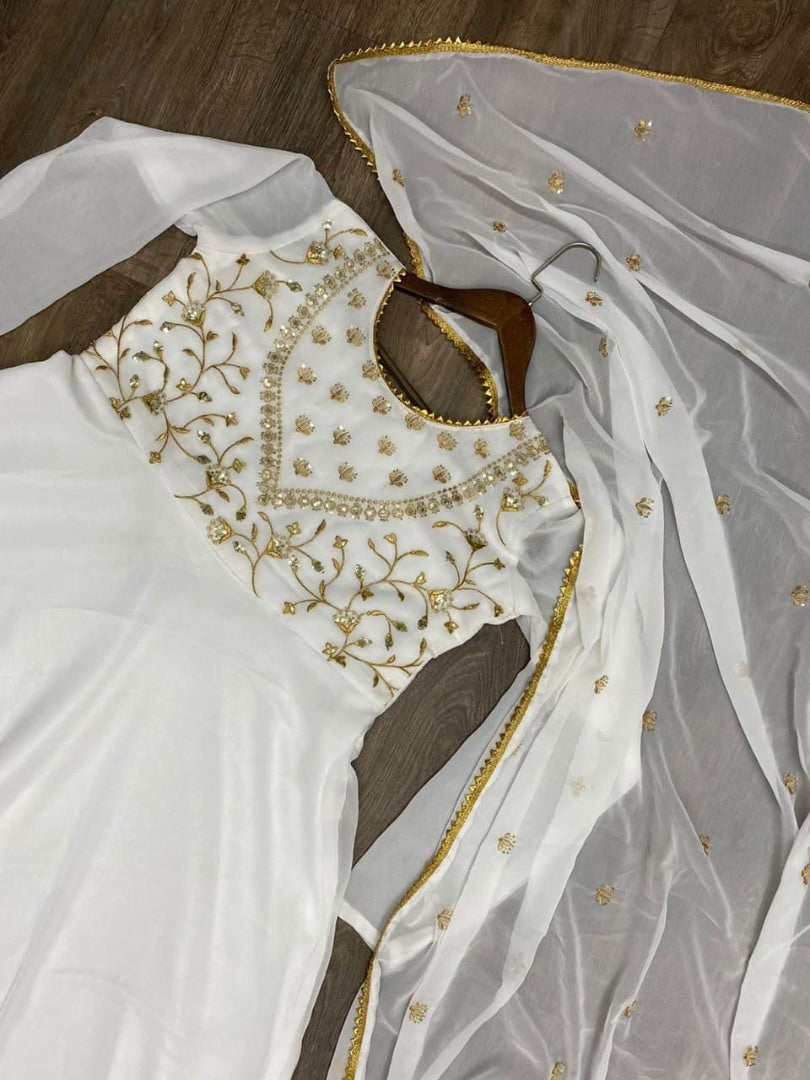 White georgette sequence embroidered long anarkali suit