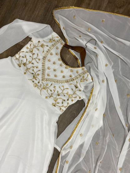 White georgette sequence embroidered long anarkali suit