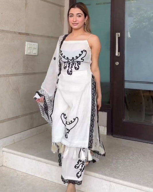 White georgette sequence embroidery work palazzo suit