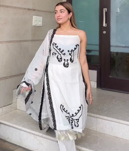 White georgette sequence embroidery work palazzo suit