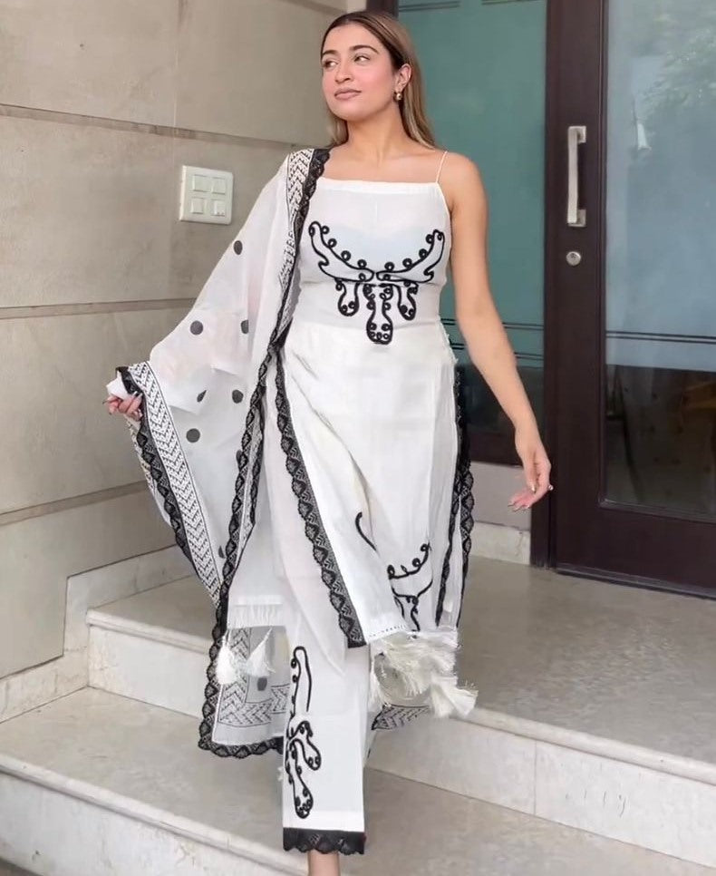 White georgette sequence embroidery work palazzo suit