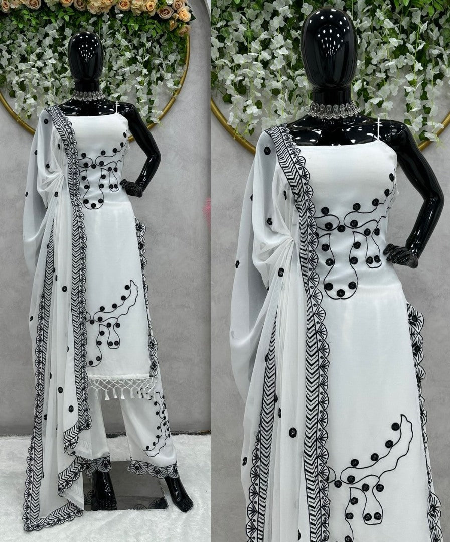 White georgette sequence embroidery work palazzo suit