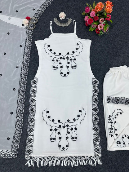 White georgette sequence embroidery work palazzo suit