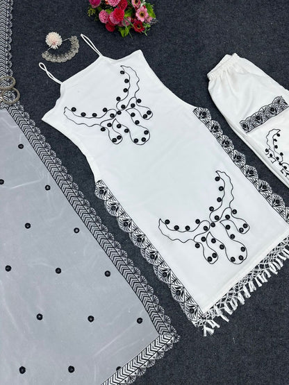 White georgette sequence embroidery work palazzo suit