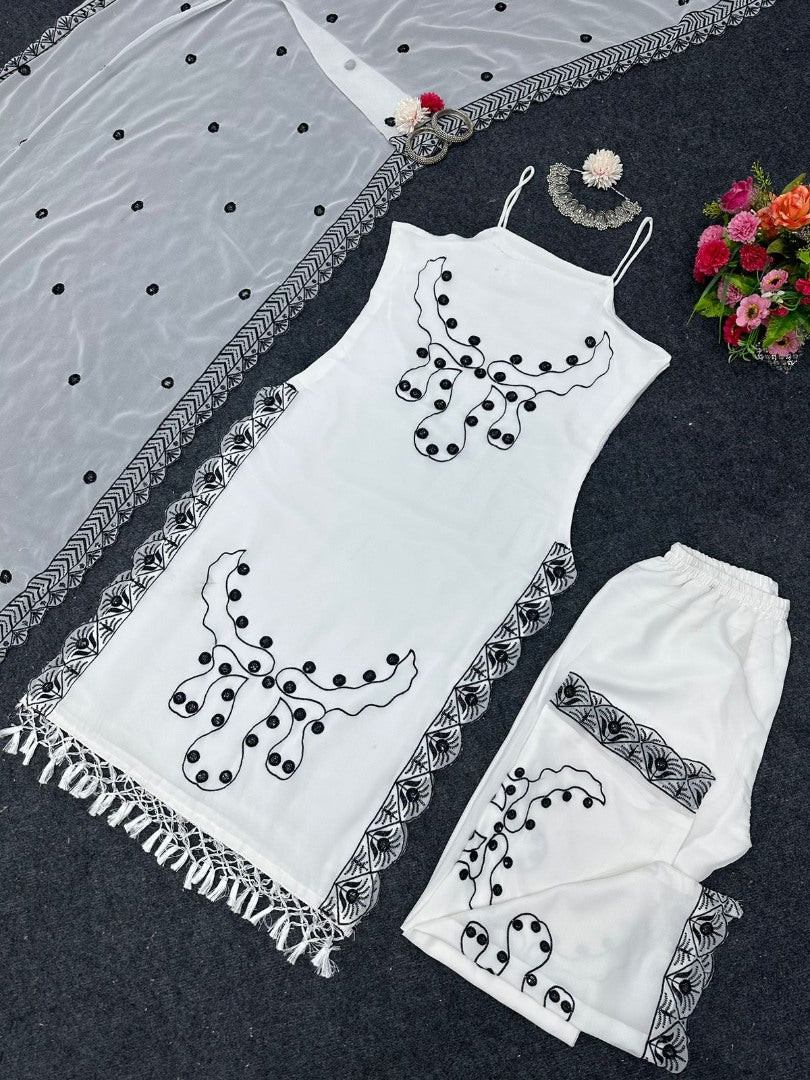 White georgette sequence embroidery work palazzo suit
