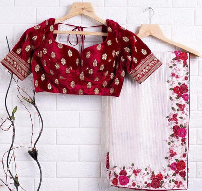 White georgette sequence velvet embroidered saree