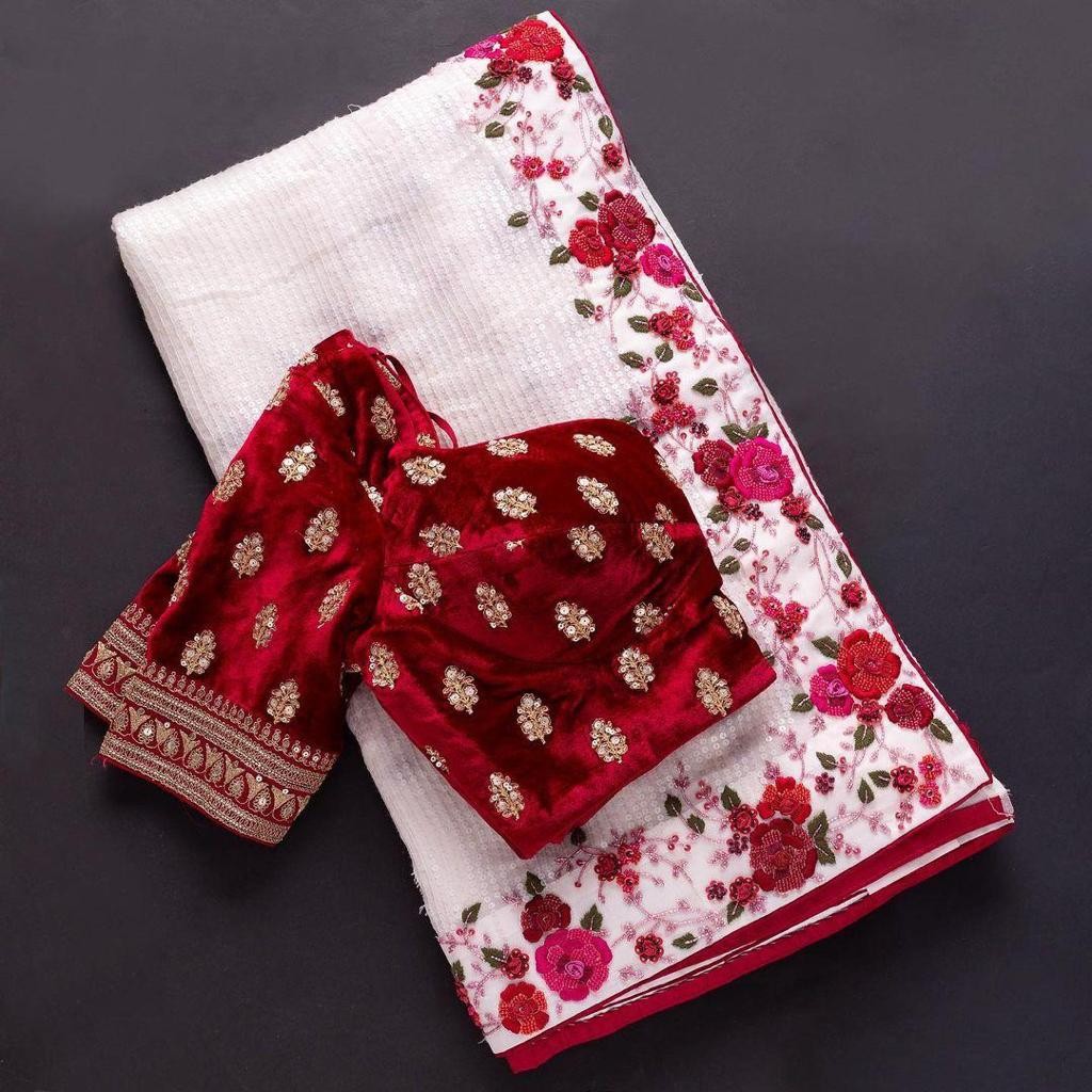 White georgette sequence velvet embroidered saree