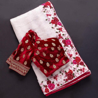 White georgette sequence velvet embroidered saree