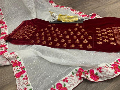 White georgette sequence velvet embroidered saree