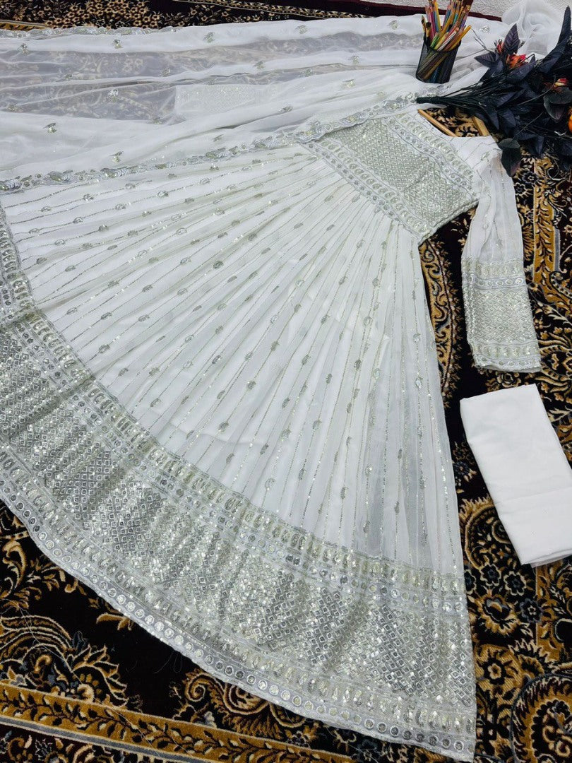White georgette sequence work anarkali suit