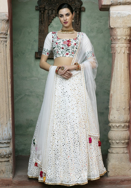 White georgette sequence work bridal lehenga choli