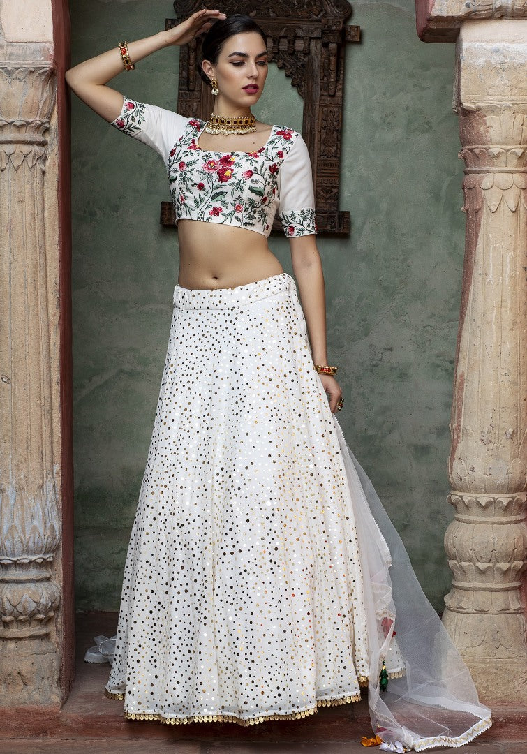 White georgette sequence work bridal lehenga choli